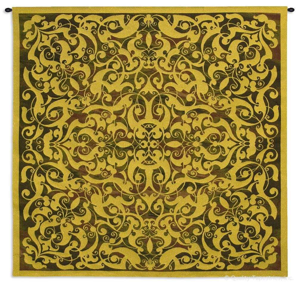 Golden Lurex Scrolls Wall Tapestry C-5738, 50-59Inchestall, 50-59Incheswide, 53H, 53W, 5738-Wh, 5738C, 5738Wh, Art, Bold, Carolina, USAwoven, Complex, Cotton, Design, Designs, Golden, Hanging, Intricate, Lurex, Motif, Pattern, Patterns, Scrolls, Shapes, Square, Tapestries, Tapestry, Textile, Wall, Woven, Yellow, tapestries, tapestrys, hangings, and, the