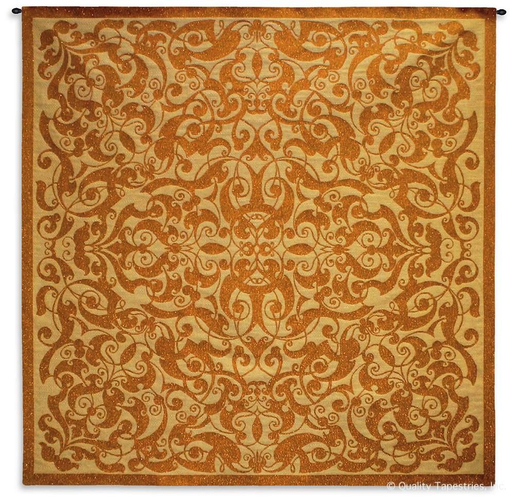 Copper Lurex Scrolls Wall Tapestry C-5848, 50-59Inchestall, 50-59Incheswide, 53H, 53W, 5848-Wh, 5848C, 5848Wh, Art, Brown, Carolina, USAwoven, Complex, Copper, Cotton, Design, Designs, Gold, Hanging, Intricate, Lurex, Motif, Pattern, Patterns, Scrolling, Shapes, Square, Tapestries, Tapestry, Textile, Wall, Woven, tapestries, tapestrys, hangings, and, the