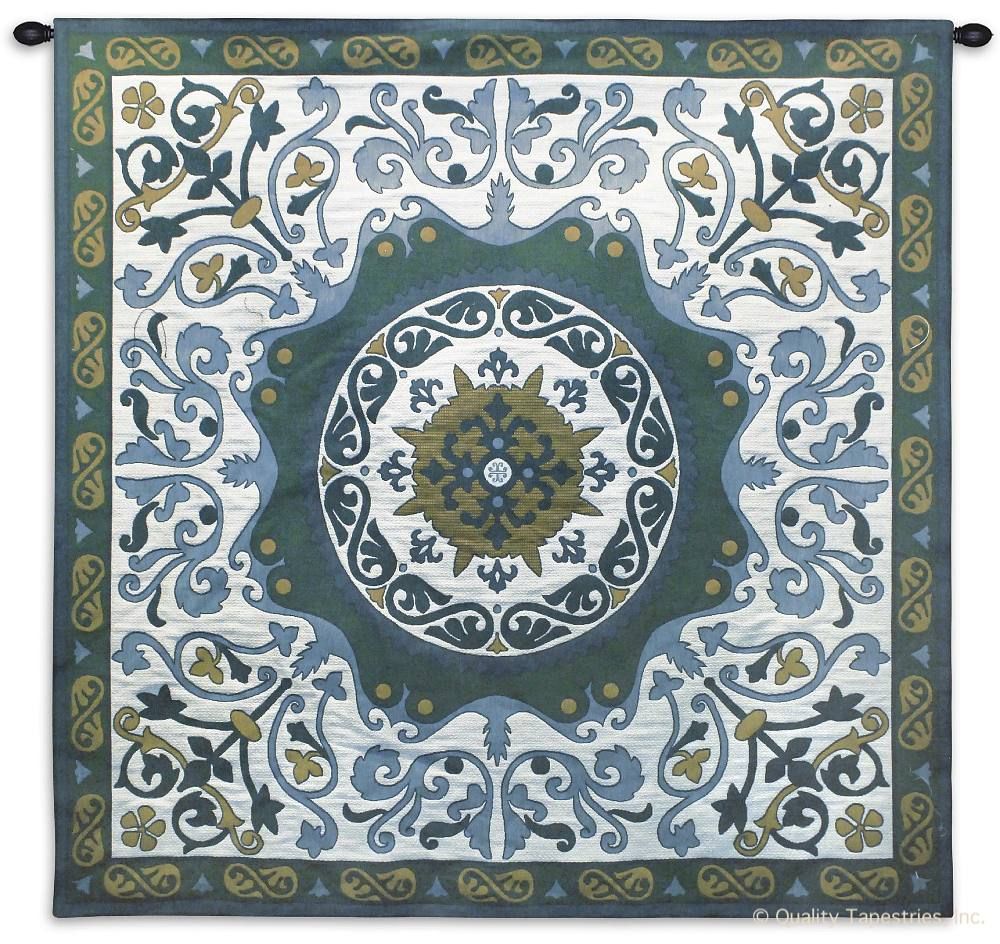 Suzani Indigo Wall Tapestry C-6052M, 40-49Inchestall, 40-49Incheswide, 44H, 44W, 50-59Inchestall, 50-59Incheswide, 53H, 53W, 6052-Wh, 6052C, 6052Cm, 6052Wh, 6053-Wh, 6053C, 6053Wh, Art, Blue, Bold, Carolina, USAwoven, Complex, Cotton, Design, Designs, Green, Hanging, Indigo, Intricate, Pattern, Patterns, Shapes, Square, Suzani, Tapestries, Tapestry, Textile, Wall, White, Woven, tapestries, tapestrys, hangings, and, the