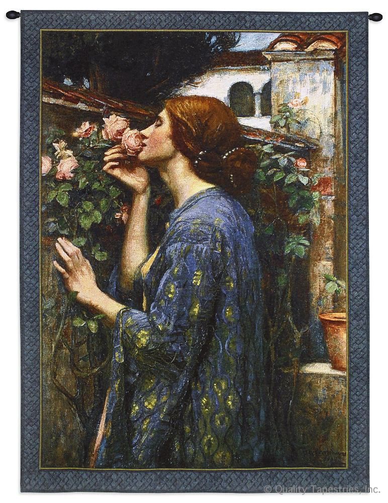 The Soul of the Rose Wall Tapestry C-6144, 30-39Incheswide, 31W, 40-49Inchestall, 43H, 6144-Wh, 6144C, 6144Wh, Art, Blue, Carolina, USAwoven, Cotton, European, Floral, Flower, Garden, Hanging, Lady, Medieval, New, Of, Old, People, Pink, Rose, Soul, Tapestries, Tapestry, Tapistry, The, Vertical, Wall, Woman, World, Woven, tapestries, tapestrys, hangings, and, the