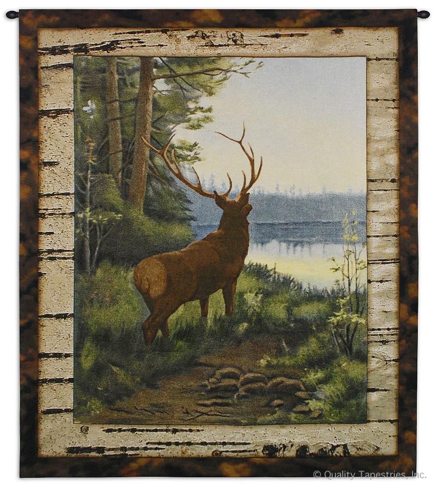 Elk by the Lake Wall Tapestry C-6473, 50-59Incheswide, 53W, 60-69Inchestall, 6473-Wh, 6473C, 6473Wh, 64H, Animal, Animals, Antlers, Art, Brown, By, Carolina, USAwoven, Cotton, Deer, Elk, Hanging, Hunt, Hunting, Lake, Landscape, Lodge, Male, Tapastry, Tapestries, Tapestry, Tapistry, The, Wall, Woven, tapestries, tapestrys, hangings, and, the, rustic