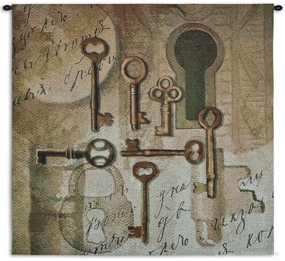 Old Keys Wall Tapestry C-6548, 40-49Inchestall, 40-49Incheswide, 48H, 48W, 6548-Wh, 6548C, 6548Wh, Abstract, Art, Brown, Carolina, USAwoven, Cotton, Gray, Grey, Hanging, Keys, Large, Old, Square, Tapastry, Tapestries, Tapestry, Tapistry, Wall, World, Woven, tapestries, tapestrys, hangings, and, the