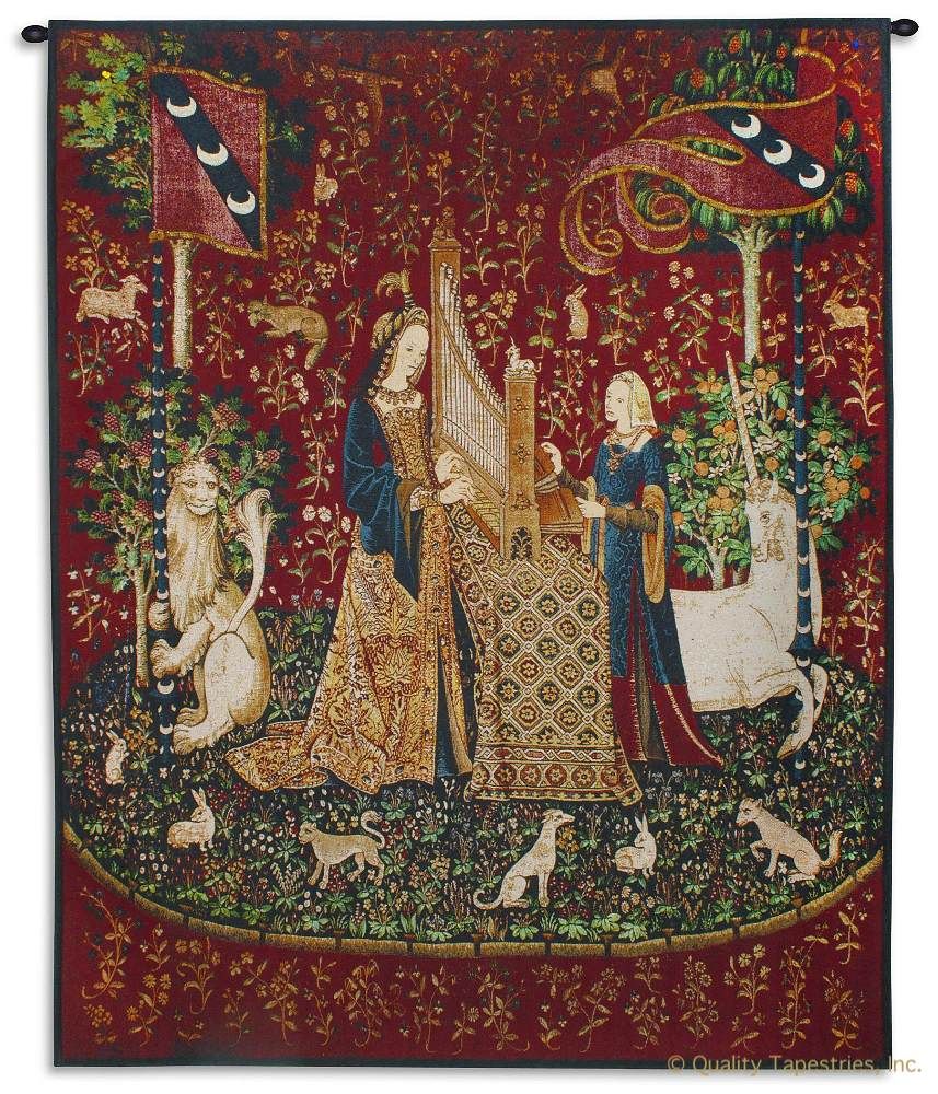 Lady and the Unicorn Sense of Sound Wall Tapestry C-6702, 15Th, 50-59Incheswide, 52W, 60-69Inchestall, 65H, 6702-Wh, 6702C, 6702Wh, Ancient, And, Antique, Art, Belgian, Belgium, Carolina, USAwoven, Century, Cotton, Europe, European, Famous, Flemish, Horse, Lady, Large, Masterpiece, Medieval, New, Of, Old, Olde, Red, Reproduction, Sense, Sound, Tapestries, Tapestry, Tapistry, The, Unicorn, Vertical, Vintage, Wall, With, Woman, World, tapestries, tapestrys, hangings, and, the