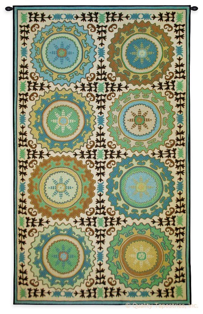 Suzani Rosettes Wall Tapestry C-6888, 40-49Incheswide, 44W, 6888-Wh, 6888C, 6888Wh, 70-79Inchestall, 74H, Abstract, Art, Blue, Carolina, USAwoven, Cotton, Green, Hanging, Panel, Rosettes, Suzani, Tapestries, Tapestry, Vertical, Wall, Woven, tapestries, tapestrys, hangings, and, the