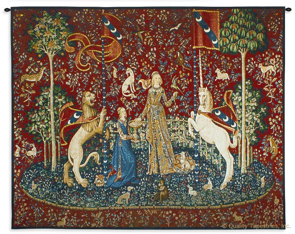 Lady and the Unicorn Sense of Taste Wall Tapestry C-6898, 15Th, 50-59Inchestall, 51H, 60-69Incheswide, 62W, 6898-Wh, 6898C, 6898Wh, Ancient, And, Antique, Art, Belgian, Belgium, Carolina, USAwoven, Century, Cotton, Europe, European, Famous, Flemish, Horizontal, Horse, Lady, Large, Masterpiece, Medieval, New, Of, Old, Olde, Red, Reproduction, Sense, Tapestries, Tapestry, Tapistry, Taste, The, Unicorn, Vintage, Wall, With, Woman, World, Bestseller, tapestries, tapestrys, hangings, and, the