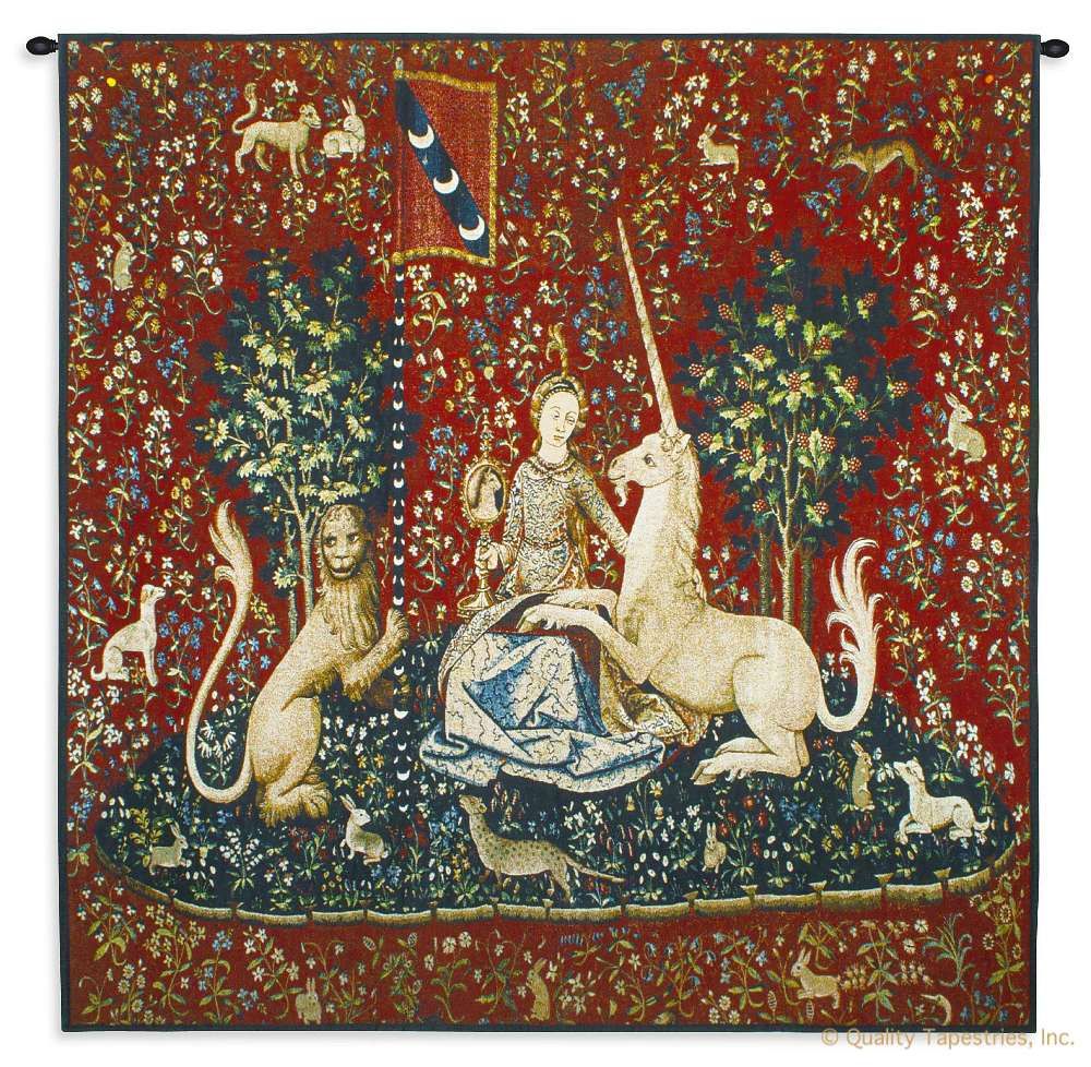 Lady and the Unicorn Sense of Sight Wall Tapestry C-6901, 15Th, 40-49Inchestall, 48H, 50-59Incheswide, 53W, 6901-Wh, 6901C, 6901Wh, Ancient, And, Antique, Art, Belgian, Belgium, Carolina, USAwoven, Century, Cotton, Europe, European, Famous, Flemish, Horse, Lady, Large, Masterpiece, Medieval, New, Of, Old, Olde, Red, Reproduction, Sense, Sight, Square, Tapestries, Tapestry, Tapistry, The, Unicorn, Vintage, Wall, With, Woman, World, tapestries, tapestrys, hangings, and, the