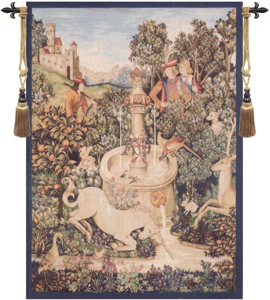 Unicorn at the Fountain French Wall Tapestry W-1326, 40-49Incheswide, 43W, 50-59Inchestall, 58H, Ancient, Antique, Art, Artist, At, Cotton, Cream, Dip, Dips, European, Famous, Fountain, French, Green, Hanging, His, Horn, Horns, Hunt, Hunting, Masterpiece, Masterpieces, Medieval, Of, Old, Olde, Painting, Paintings, Tapestries, Tapestry, The, Unicorn, Vertical, Vintage, Wall, White, World, Woven, Frenchwoven, Europeanwoven, tapestries, tapestrys, hangings, and, the, Renaissance, rennaisance, rennaissance, renaisance, renassance, renaissanse