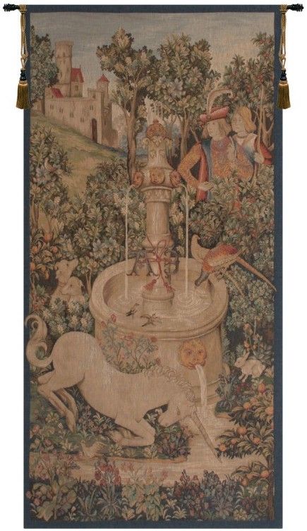 Unicorn at the Fountain Narrow French Wall Tapestry W-1327, 30-39Incheswide, 30W, 50-59Inchestall, 58H, Ancient, Antique, Art, Artist, At, Cotton, Cream, Dip, Dips, European, Famous, Fountain, French, Green, Hanging, His, Horn, Horns, Hunt, Hunting, Masterpiece, Masterpieces, Medieval, Narrow, Of, Old, Olde, Painting, Paintings, Panel, Tapestries, Tapestry, The, Unicorn, Vertical, Vintage, Wall, White, World, Woven, Frenchwoven, Europeanwoven, tapestries, tapestrys, hangings, and, the, wool, Renaissance, rennaisance, rennaissance, renaisance, renassance, renaissanse