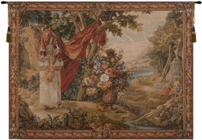 Bouquet Au Drape Fontaine French Wall Tapestry red, urn, tapestries, tapestrys, hangings, and, the, wool, Bouquet, Au, Drape, Fontaine, French, Wall, Tapestry, fountain, flemish