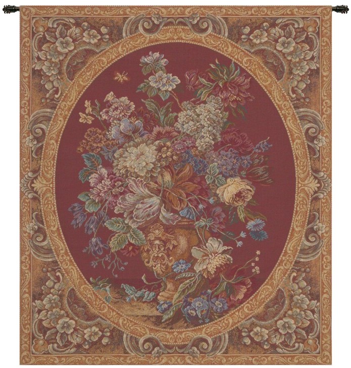 Floral Composition in Burgundy Italian Wall Tapestry Hanging, Tapestries, Woven, tapestries, tapestrys, hangings, and, the, vase