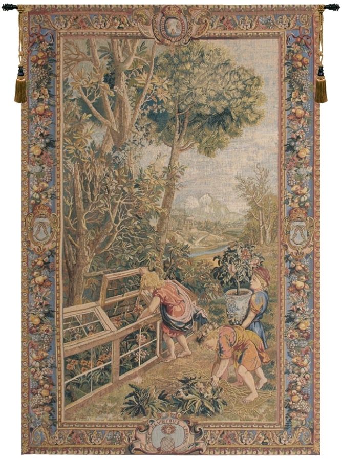 Children Gardeners Belgian Wall Tapestry W-1620, 40-49Incheswide, 43W, 60-69Inchestall, 66H, Belgian, Blue, Enfants, Green, Jardinieres, Tapestry, Vertical, Wall, Belgianwoven, Europeanwoven, tapestries, tapestrys, hangings, and, the, wool, Renaissance, rennaisance, rennaissance, renaisance, renassance, renaissanse