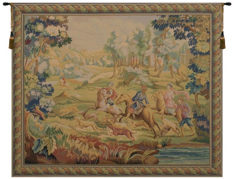 Hunt Belgian Wall Tapestry W-1629, 40-49Inchestall, 48H, 60-69Incheswide, 60W, Belgian, Cream, Green, Horizontal, Hunt, Tapestry, Wall, White, Belgianwoven, Europeanwoven, tapestries, tapestrys, hangings, and, the, Renaissance, rennaisance, rennaissance, renaisance, renassance, renaissanse