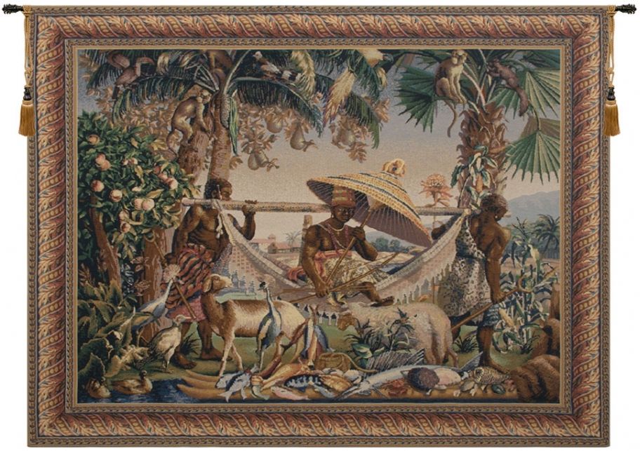 King Borne Belgian Wall Tapestry W-1630, 40-49Inchestall, 48H, 60-69Inchestall, 60-69Incheswide, 67W, 68H, 80-99Incheswide, 84W, Belgian, Big, Borne, Brown, Green, Horizontal, King, Large, Really, Tapestry, Tropical, Wall, Yellow, Belgianwoven, Europeanwoven, tapestries, tapestrys, hangings, and, the