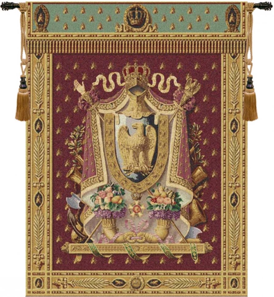 Napoleon (Burgundy) Belgian Wall Tapestry W-1633, (Burgundy), 30-39Incheswide, 32W, 40-49Inchestall, 40-49Incheswide, 44H, 48W, 60-69Inchestall, 65H, Arms, Belgian, Border, Coat, Eagle, Fruit, Gold, Green, Group, Napoleon, Of, Red, Tapestry, Vertical, Wall, Belgianwoven, Europeanwoven, tapestries, tapestrys, hangings, and, the