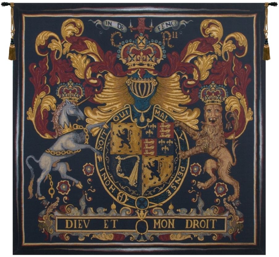 Stuart Crest Belgian Wall Tapestry W-1636, 30-39Inchestall, 30-39Incheswide, 30W, 31H, 50-59Inchestall, 50-59Incheswide, 55W, 56H, Arms, Belgian, Black, Coat, Crest, Gold, Of, Red, Square, Stuart, Tapestry, Wall, Yellow, Belgianwoven, Europeanwoven, tapestries, tapestrys, hangings, and, the