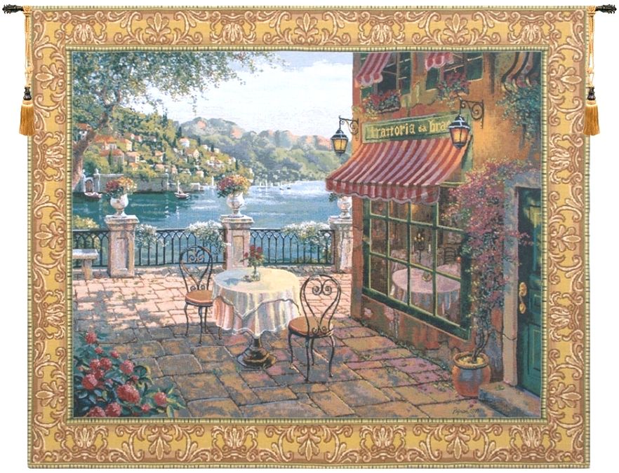 Trattoria Table for Two Belgian Wall Tapestry W-1652, 30-39Inchestall, 35H, 39H, 40-49Inchestall, 40-49Incheswide, 43W, 47H, 50-59Incheswide, 51W, 59W, 60-69Inchestall, 63H, 70-79Incheswide, 77W, Belgian, Bob, Border, Coast, Collection, Como, Gold, Green, Horizontal, Italian, Lake, Pejman, Purple, Robert, Tapestry, Terrace, Wall, Bestseller, Belgianwoven, Europeanwoven, Italiancoast, Terrasse, italy, compania, campania, cafe, table, border, gold, tapestries, tapestrys, hangings, and, the, restaurant, Lake, Como, Terrace, cafe