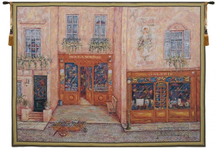 Sagot Terrace Belgian Wall Tapestry W-1653, 50-59Inchestall, 53H, 70-79Incheswide, 70W, Belgian, Cityscape, Horizontal, Pink, Red, Sagot, Tapestry, Terrace, Wall, Belgianwoven, Europeanwoven, tapestries, tapestrys, hangings, and, the