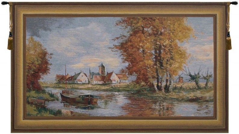 Riverside Flemish Village Belgian Wall Tapestry W-1661, 30-39Inchestall, 38H, 60-69Incheswide, 64W, Belgian, Blue, Border, Flemish, Horizontal, Orange, Riverside, Tapestry, Village, Wall, Belgianwoven, Europeanwoven, tapestries, tapestrys, hangings, and, the