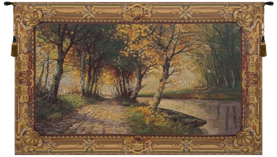 Automne Belgian Wall Tapestry W-1662, 100-200Incheswide, 100W, 40-49Inchestall, 40H, 60-69Inchestall, 60-69Incheswide, 60H, 66W, 80-99Incheswide, Automne, Belgian, Big, Gold, Green, Horizontal, Large, Really, Tapestry, Wall, Belgianwoven, Europeanwoven, tapestries, tapestrys, hangings, and, the, autumn, fall, trees, landscape, river, boat, canoe, water