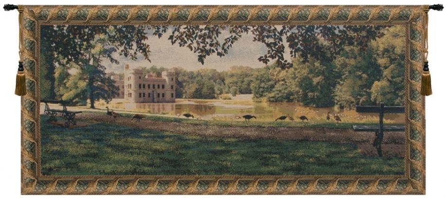 Princess Castle Belgian Wall Tapestry W-1663, 30-39Inchestall, 30H, 60-69Incheswide, 67W, Belgian, Border, Castle, Green, Horizontal, Princess, Tapestry, Wall, Belgianwoven, Europeanwoven, tapestries, tapestrys, hangings, and, the