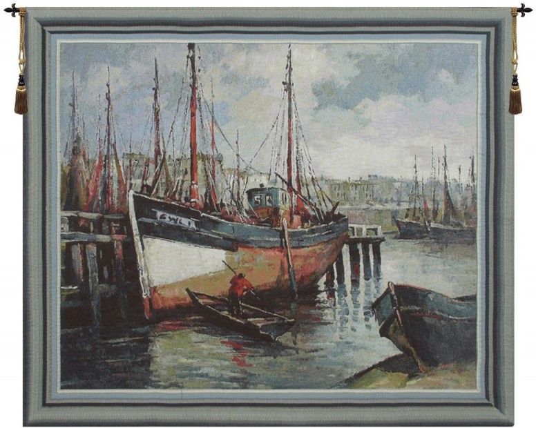 North Sea Harbor Belgian Wall Tapestry W-1664, 30-39Inchestall, 37H, 40-49Incheswide, 43W, Belgian, Blue, Boat, Boats, Gray, Harbor, Horizontal, North, Red, Sea, Tapestry, Wall, Belgianwoven, Europeanwoven, tapestries, tapestrys, hangings, and, the, wool