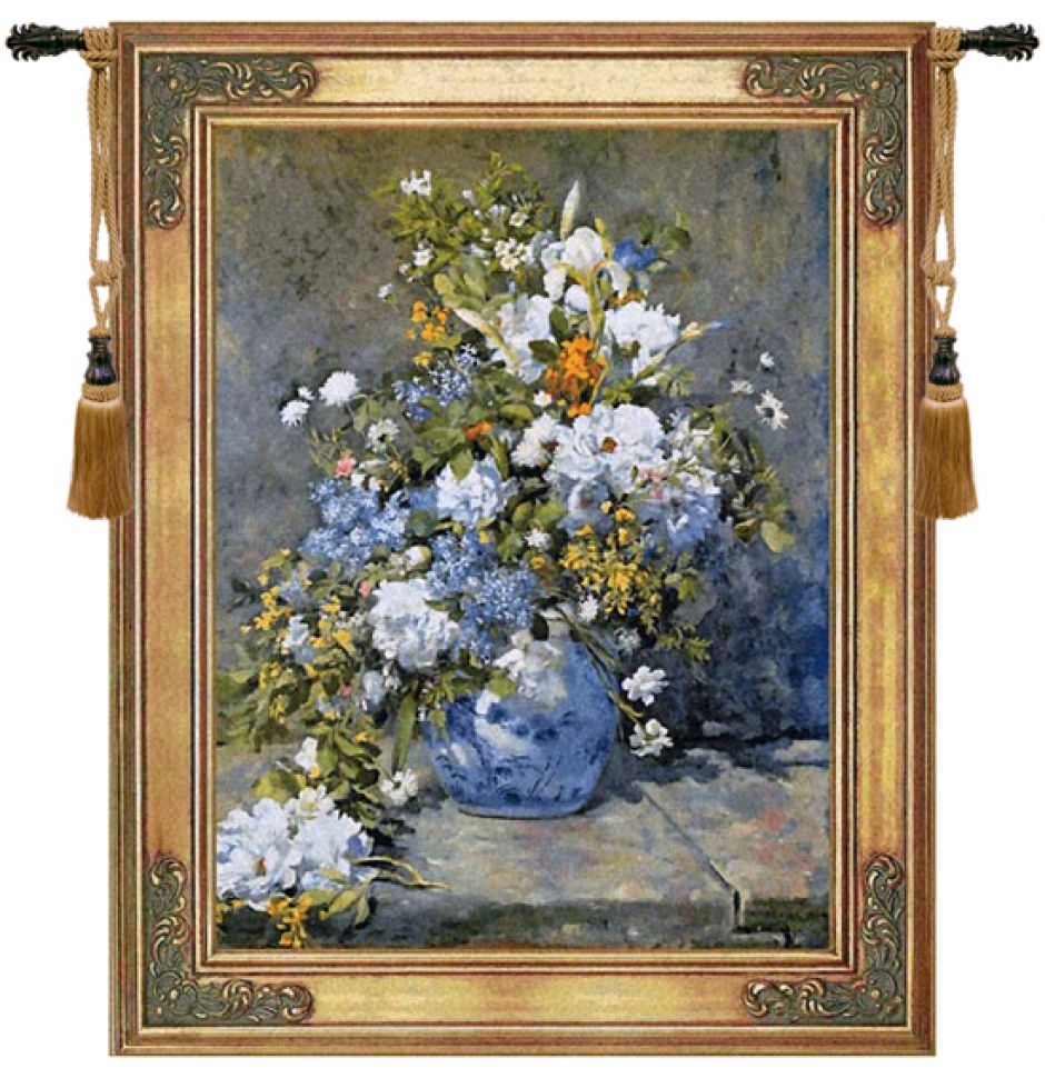 Renoir Spring Bouquet Belgian Wall Tapestry W-1673, 10-29Incheswide, 29W, 30-39Inchestall, 37H, 40-49Incheswide, 45W, 50-59Inchestall, 57H, Belgian, Blue, Border, Bouquet, Flowers, Gold, Renoir, Spring, Tapestry, Vertical, Wall, Belgianwoven, Europeanwoven, tapestries, tapestrys, hangings, and, the