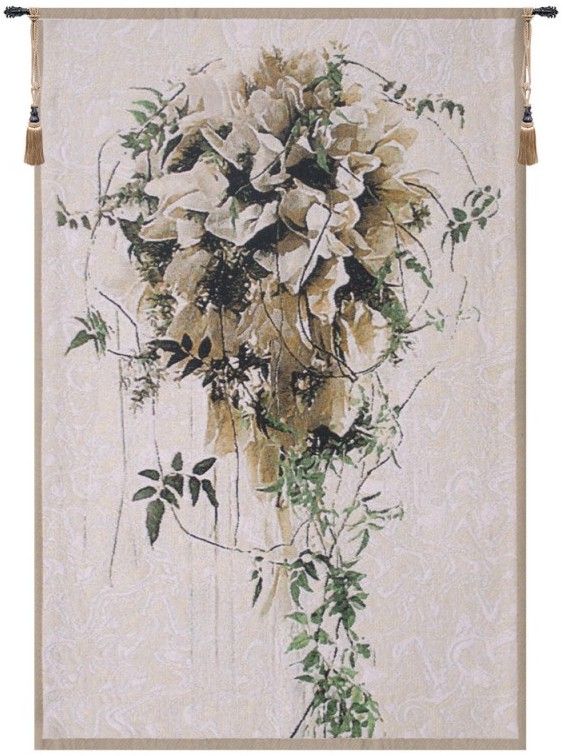 Bride Belgian Wall Tapestry W-1676, 10-29Incheswide, 21W, 30-39Inchestall, 33H, Belgian, Bride, Floral, Flowers, Light, Tapestry, Vertical, Wall, White, Belgianwoven, Europeanwoven, tapestries, tapestrys, hangings, and, the, wool