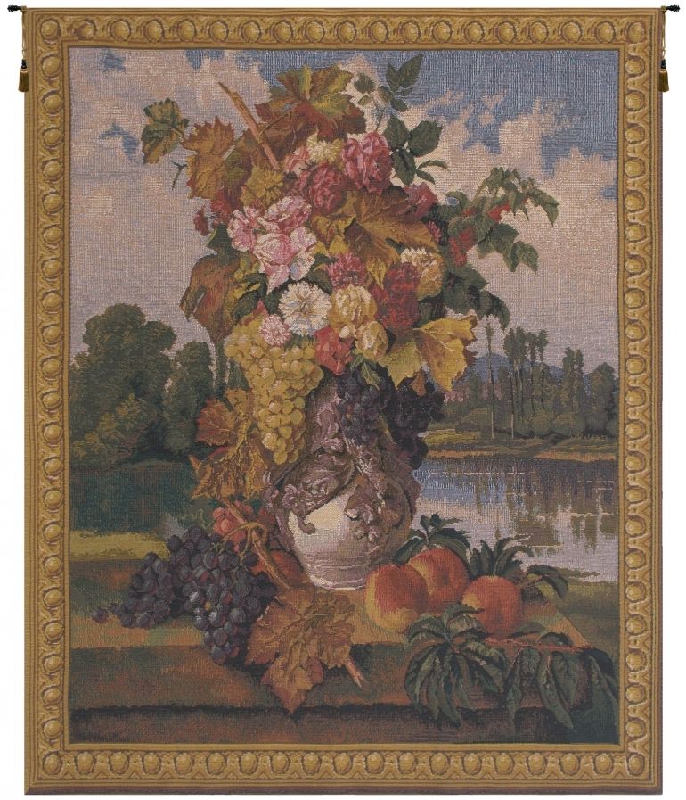 Reflections (Small) Belgian Wall Tapestry W-1682, (Small), 10-29Incheswide, 26W, 30-39Inchestall, 31H, Belgian, Border, Grapes, Mixed, Reflections, Tapestry, Vertical, Wall, Belgianwoven, Europeanwoven, tapestries, tapestrys, hangings, and, the