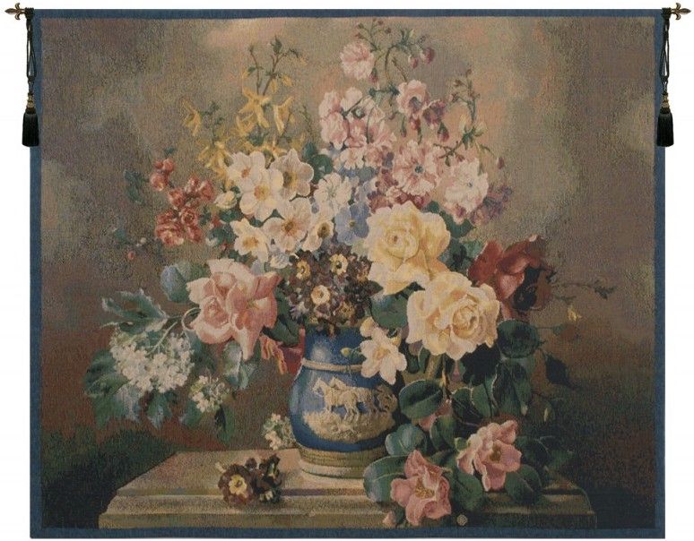 Jolly Bouquet Belgian Wall Tapestry W-1687, 30-39Inchestall, 30-39Incheswide, 31H, 36W, Belgian, Blue, Bouquet, Horizontal, Jolly, Tapestry, Wall, Belgianwoven, Europeanwoven, tapestries, tapestrys, hangings, and, the