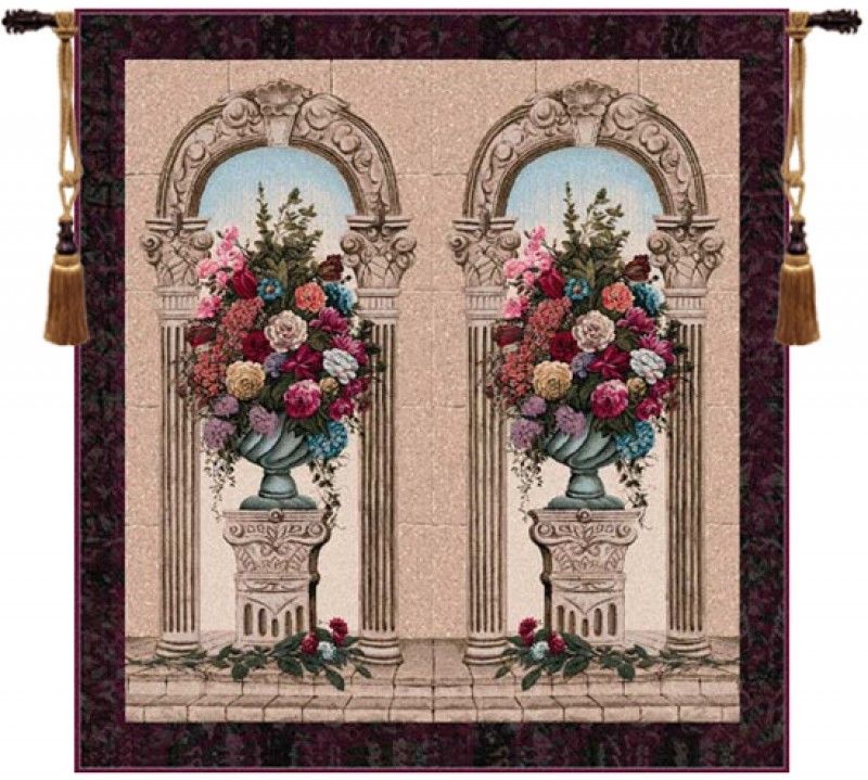 Floral Arch Duo Belgian Wall Tapestry W-1689, 60-69Inchestall, 60-69Incheswide, 61W, 66H, Arch, Belgian, Border, Cream, Duo, Floral, Pink, Square, Tapestry, Wall, Belgianwoven, Europeanwoven, tapestries, tapestrys, hangings, and, the