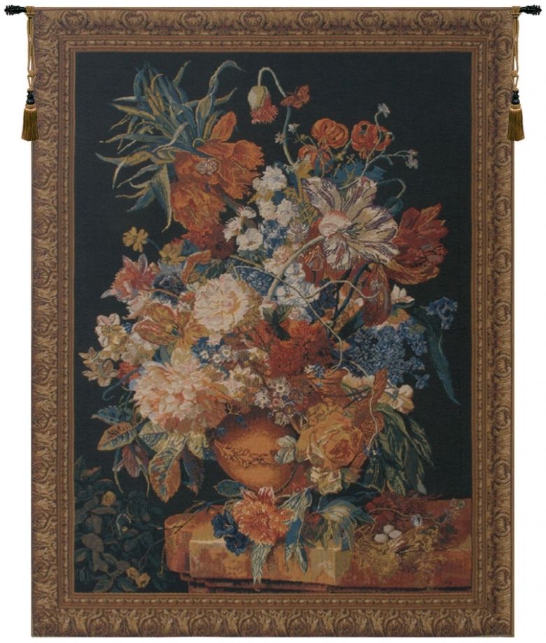 Terracotta Bouquet II Belgian Wall Tapestry W-1690, 30-39Incheswide, 32W, 40-49Inchestall, 42H, 50-59Incheswide, 50W, 60-69Inchestall, 65H, Belgian, Black, Blue, Border, Bouquet, Floral, Gold, Mixed, Tapestry, Terracotta, Vertical, Wall, Belgianwoven, Europeanwoven, tapestries, tapestrys, hangings, and, the, wool, floral, flowers, black, dark