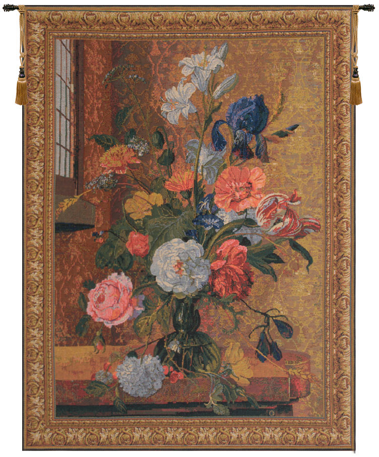 Summer Flowers Belgian Wall Tapestry W-1691, 30-39Incheswide, 30W, 40-49Inchestall, 42H, 50-59Incheswide, 51W, 60-69Inchestall, 66H, Belgian, Blue, Border, Colorful, Flowers, Gold, Pink, Red, Summer, Tapestry, Vertical, Wall, Belgianwoven, Europeanwoven, tapestries, tapestrys, hangings, and, the, terracotta