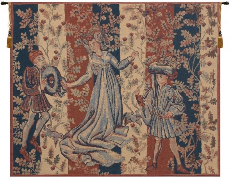 Baille des Roses Belgian Wall Tapestry W-1693, 30-39Inchestall, 30-39Incheswide, 30H, 36W, Baille, Belgian, Blue, Des, Horizontal, Orange, Roses, Tapestry, Wall, Belgianwoven, Europeanwoven, tapestries, tapestrys, hangings, and, the, Renaissance, rennaisance, rennaissance, renaisance, renassance, renaissanse