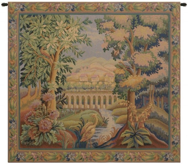 Bridge with Bird Belgian Wall Tapestry W-1700, 30-39Inchestall, 30-39Incheswide, 33W, 34H, Belgian, Bird, Border, Bridge, Green, Square, Tapestry, Wall, With, Belgianwoven, Europeanwoven, tapestries, tapestrys, hangings, and, the