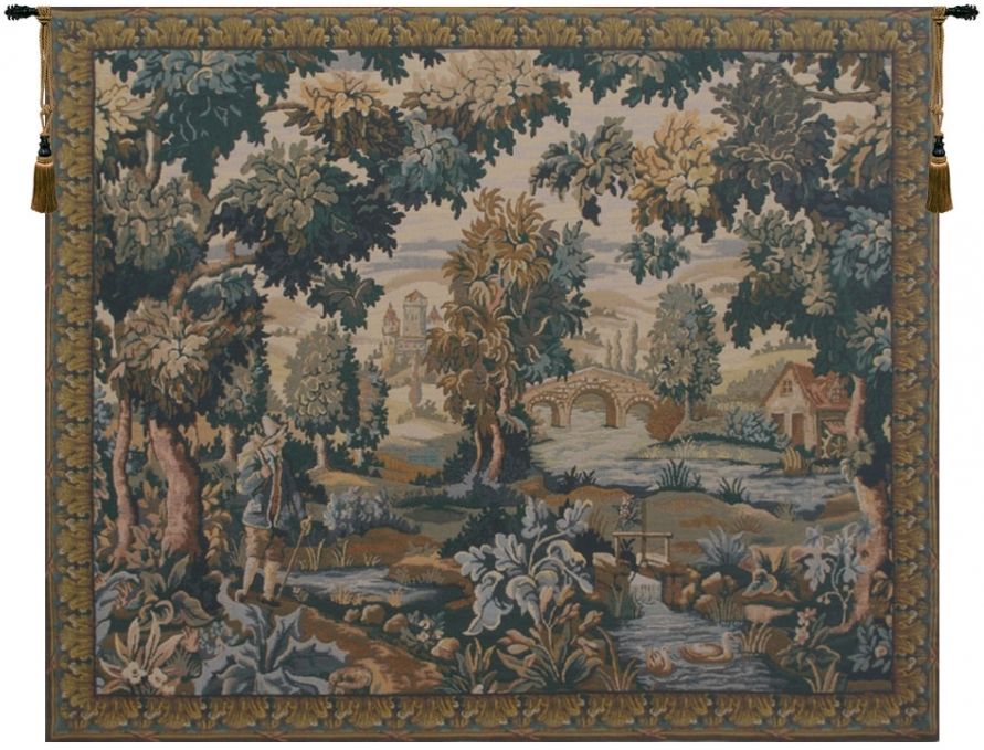 Paysage Flamand Moulin Belgian Wall Tapestry W-1704, 30-39Inchestall, 38H, 40-49Incheswide, 45W, Belgian, Border, Flamand, Green, Horizontal, Moulin, Paysage, Tapestry, Wall, Belgianwoven, Europeanwoven, tapestries, tapestrys, hangings, and, the