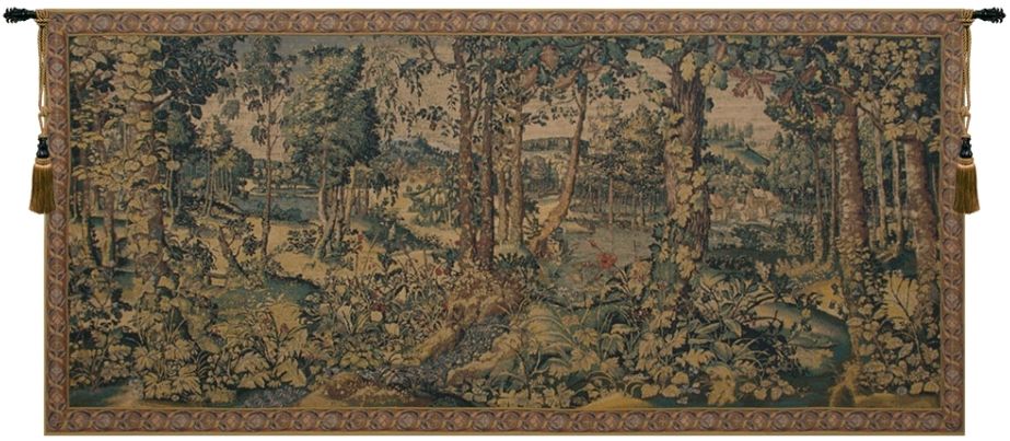 Royal Hunting Woods Belgian Wall Tapestry W-1714, 40-49Inchestall, 41H, 80-99Incheswide, 88W, Belgian, Big, Border, Green, Horizontal, Hunting, Large, Really, Royal, Tapestry, Verdure, Wall, Woods, Belgianwoven, Europeanwoven, tapestries, tapestrys, hangings, and, the