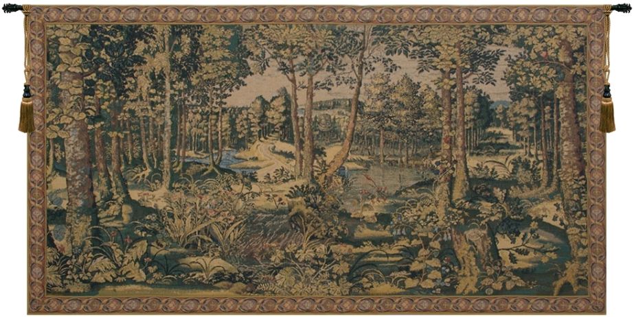 Jagaloon Royal Forest Belgian Wall Tapestry W-1715, 40-49Inchestall, 41H, 70-79Incheswide, 71W, Belgian, Border, Forest, Green, Horizontal, Royal, Tapestry, The, Verdure, Wall, Belgianwoven, Europeanwoven, tapestries, tapestrys, hangings, and, the