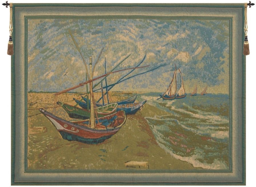 Van Goghs Fishing Boats Belgian Wall Tapestry W-1717, 30-39Inchestall, 30-39Incheswide, 31H, 38W, Belgian, Boats, Border, Brown, Fishing, GoghS, Gray, Horizontal, Tapestry, Van, Wall, Belgianwoven, Europeanwoven, tapestries, tapestrys, hangings, and, the