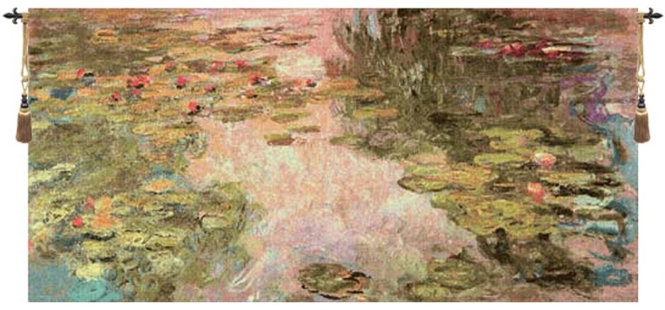 Monets Style Belgian Wall Tapestry W-1745, 40-49Inchestall, 40H, 80-99Incheswide, 82W, Belgian, Big, Green, Horizontal, Large, MonetS, Pink, Really, Style, Tapestry, Wall, White, Belgianwoven, Europeanwoven, tapestries, tapestrys, hangings, and, the, wool