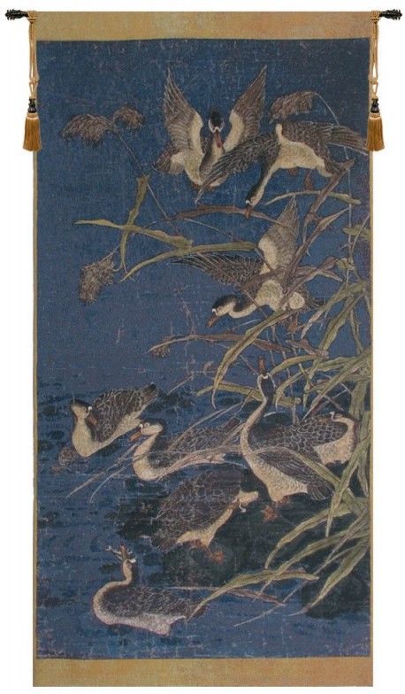 Panel with Ducks Belgian Wall Tapestry W-1751, 30-39Incheswide, 38W, 70-79Inchestall, 76H, Belgian, Black, Blue, Ducks, Panel, Tapestry, Vertical, Wall, With, Belgianwoven, Europeanwoven, tapestries, tapestrys, hangings, and, the, wool