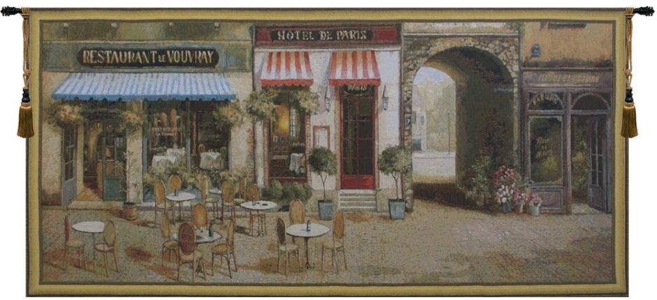 Paris Terrace Belgian Wall Tapestry W-1753, 30-39Inchestall, 31H, 70-79Incheswide, 71W, Belgian, Blue, Border, Caf, Cafe, Cityscape, France, Green, Horizontal, Paris, Tapestry, Terrace, Wall, Belgianwoven, Europeanwoven, tapestries, tapestrys, hangings, and, the, wool