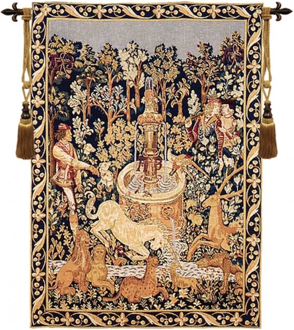 Hunt of the Unicorn at the Fountain French Wall Tapestry W-198, 10-29Incheswide, 25W, 30-39Inchestall, 30-39Incheswide, 35H, 35W, 40-49Inchestall, 45H, Art, At, Black, Cotton, Europe, European, Famous, Fountain, France, French, Gold, Grande, Hanging, Hunt, Hunting, International, Medieval, Of, Old, Olde, Tapastry, Tapestries, Tapestry, Tapistry, The, Unicorn, Vertical, Wall, Wine, World, Woven, Frenchwoven, Europeanwoven, tapestries, tapestrys, hangings, and, the, Renaissance, rennaisance, rennaissance, renaisance, renassance, renaissanse