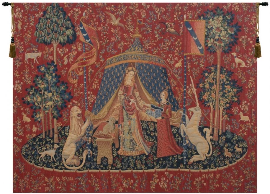 Lady and the Unicorn Strong Desire Belgian Wall Tapestry W-2180, 40-49Inchestall, 48H, 60-69Incheswide, 65W, And, Belgian, Blue, Border, Desir, Fonce, Green, Horizontal, Lady, Le, Red, Tapestry, The, Unicorn, Unicorns, Wall, Belgianwoven, Europeanwoven, tapestries, tapestrys, hangings, and, the, wool, Renaissance, rennaisance, rennaissance, renaisance, renassance, renaissanse