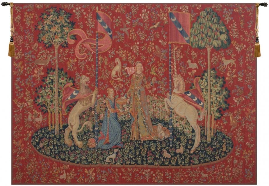 Dame a La Licorne Sens du Gout Belgian Wall Tapestry W-2181, 40-49Inchestall, 47H, 60-69Incheswide, 66W, And, Belgian, Border, Fonce, Gout, Green, Horizontal, Lady, Le, Red, Tapestry, The, Unicorn, Unicorns, Wall, Belgianwoven, Europeanwoven, tapestries, tapestrys, hangings, and, the, wool, Renaissance, rennaisance, rennaissance, renaisance, renassance, renaissanse