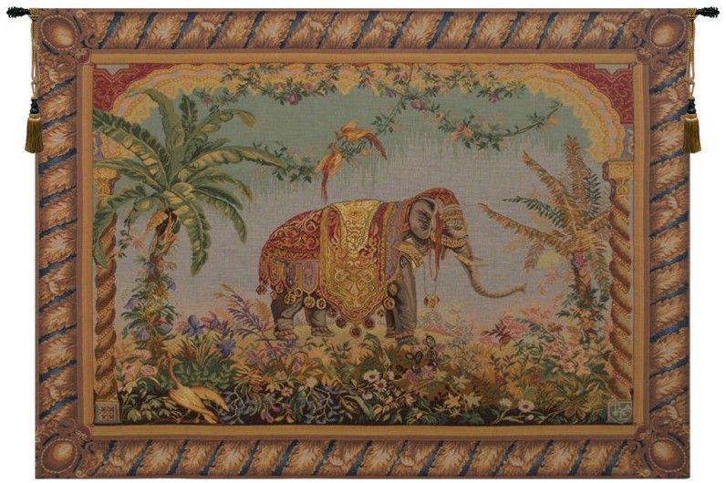 Royal Elephant II French Wall Tapestry elephants, palm, trees, border, tapestries, tapestrys, hangings, and, the