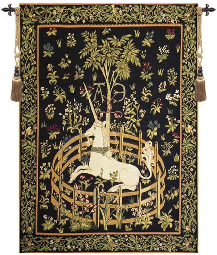 Unicorn in Captivity French Wall Tapestry W-33, 19W, 26W, 28H, 30-39Incheswide, 37H, 40W, 50-59Inchestall, 56H, Ancient, Antique, Art, Artist, Black, Brown, Captivity, Cotton, European, Famous, French, Hanging, In, Masterpiece, Masterpieces, Medieval, Old, Olde, Painting, Paintings, Tapestries, Tapestry, Unicorn, Vertical, Vintage, Wall, World, Woven, Frenchwoven, Europeanwoven, tapestries, tapestrys, hangings, and, the, Renaissance, rennaisance, rennaissance, renaisance, renassance, renaissanse