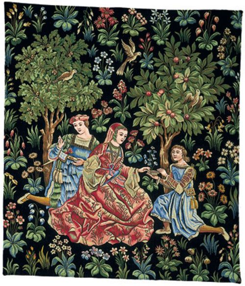 Chivalrous Gent French Wall Tapestry W-3545, 10-29Incheswide, 26W, 30-39Inchestall, 36H, Au, Blue, Coffret, Dame, French, Green, Red, Tapestry, Vertical, Wall, Frenchwoven, Europeanwoven, tapestries, tapestrys, hangings, and, the, wool, Renaissance, rennaisance, rennaissance, renaisance, renassance, renaissanse, pansu