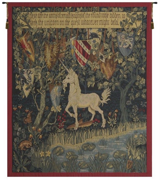 Heraldic Unicorn French Wall Tapestry W-3552, 10-29Incheswide, 28W, 30-39Inchestall, 36H, 40-49Incheswide, 40W, 50-59Inchestall, 50H, Arms, Blue, Border, Brown, Coat, French, Green, Group, Heraldic, Of, Red, Tapestry, Unicorn, Vertical, Wall, White, Frenchwoven, Europeanwoven, tapestries, tapestrys, hangings, and, the, wool, Renaissance, rennaisance, rennaissance, renaisance, renassance, renaissanse, pansu