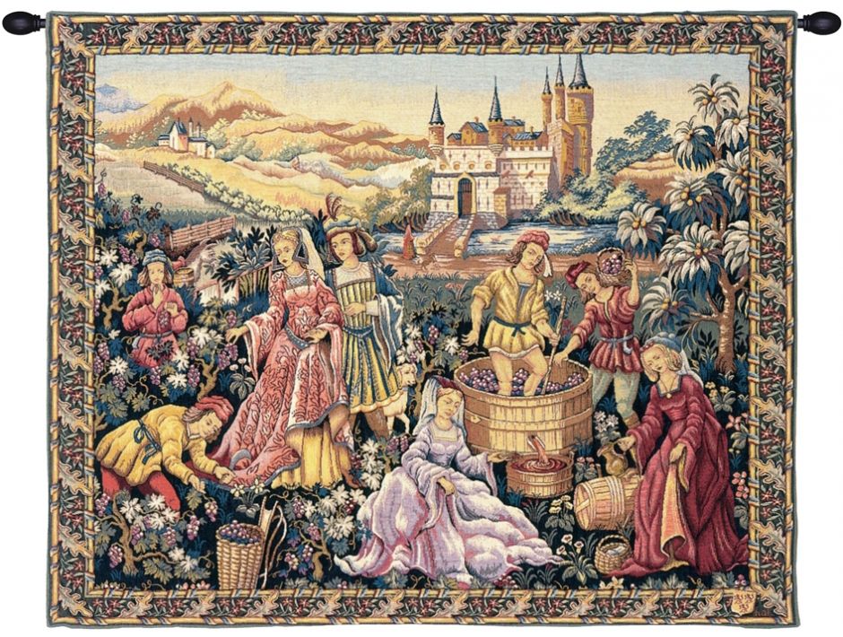 Vendanges au Chateau French Wall Tapestry W-3554, 30-39Inchestall, 36H, 40-49Incheswide, 44W, 50-59Inchestall, 50H, 60-69Incheswide, 60W, Art, Au, Castle, Chateau, Collection, Cotton, Europe, European, France, French, Grande, Grape, Grapes, Green, Hanging, Harvest, Horizontal, Medieval, Of, Old, Olde, Palace, People, Tapastry, Tapestries, Tapestry, Tapistry, Vendange, Vendanges, Vendage, Vendages, Tardive, Late, Harvest, Vineyard, Wall, Wine, World, Woven, Yellow, Frenchwoven, Europeanwoven, tapestries, tapestrys, hangings, and, the, wool, Renaissance, rennaisance, rennaissance, renaisance, renassance, renaissanse, pansu