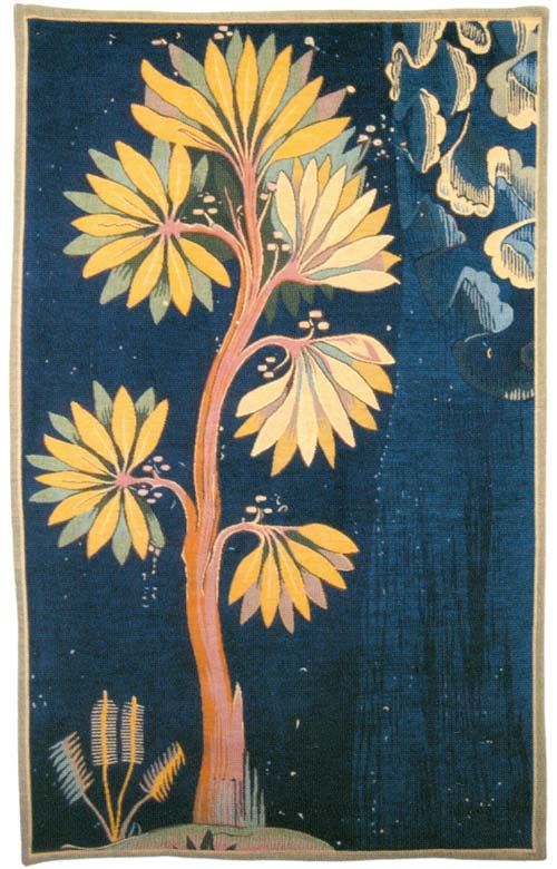Storm French Wall Tapestry W-3566, 10-29Incheswide, 27W, 40-49Inchestall, 46H, Blue, French, Storm, Tapestry, Tree, Vertical, Wall, Yellow, Frenchwoven, Europeanwoven, tapestries, tapestrys, hangings, and, the, pansu